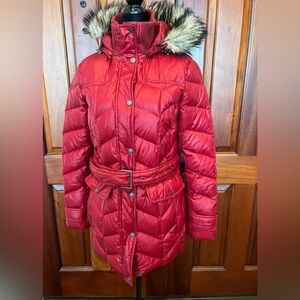 Lands’ End Puffer Jacket Faux Fur Hood Dark RED Belt Waist Down Fill Sz Small
